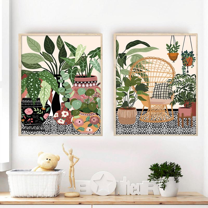 Affiche d'art de plantes de maison botanique de tuile grecque nordique, décor de feuilles vertes de Boho, image moderne d'art de mur, peinture de toile, décor à la maison n° 3