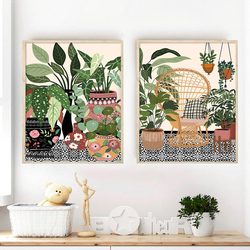 Affiche d'art de plantes de maison botanique de tuile grecque nordique, décor de feuilles vertes de Boho, image moderne d'art de mur, peinture de toile, décor à la maison small picture n° 3