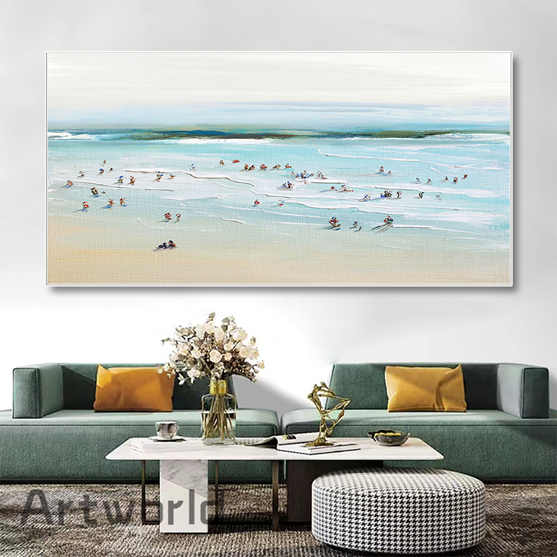 Affiches et impressions sur toile d'art abstrait moderne, personnes sur la plage, océan, vagues, peinture de paysage, décoration de chambre, gestion murale n° 2