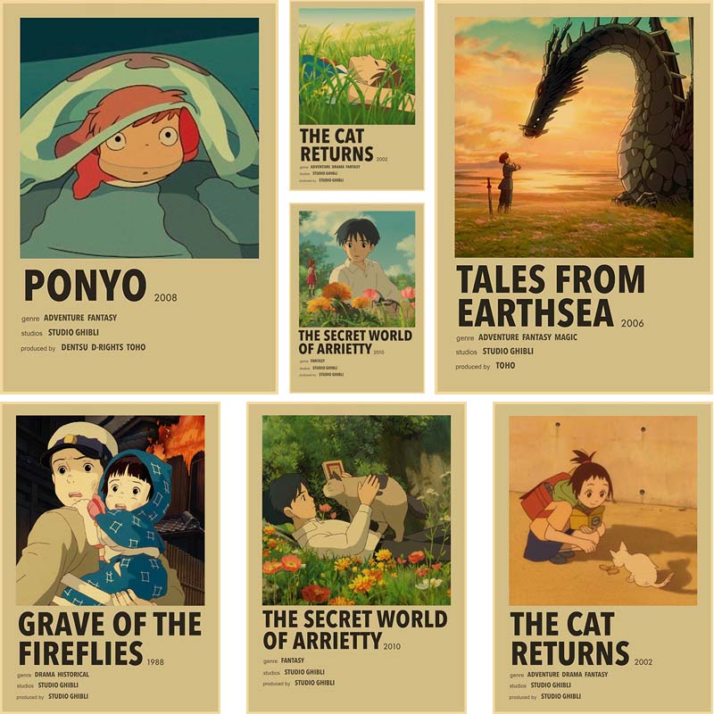 Affiches de film rétro Ghibli Anime Hayao Miyazaki Ponyo, Stickers muraux en spirale, peinture d'art de salon, décoration murale de maison n° 1