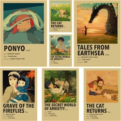 Affiches de film rétro Ghibli Anime Hayao Miyazaki Ponyo, Stickers muraux en spirale, peinture d'art de salon, décoration murale de maison