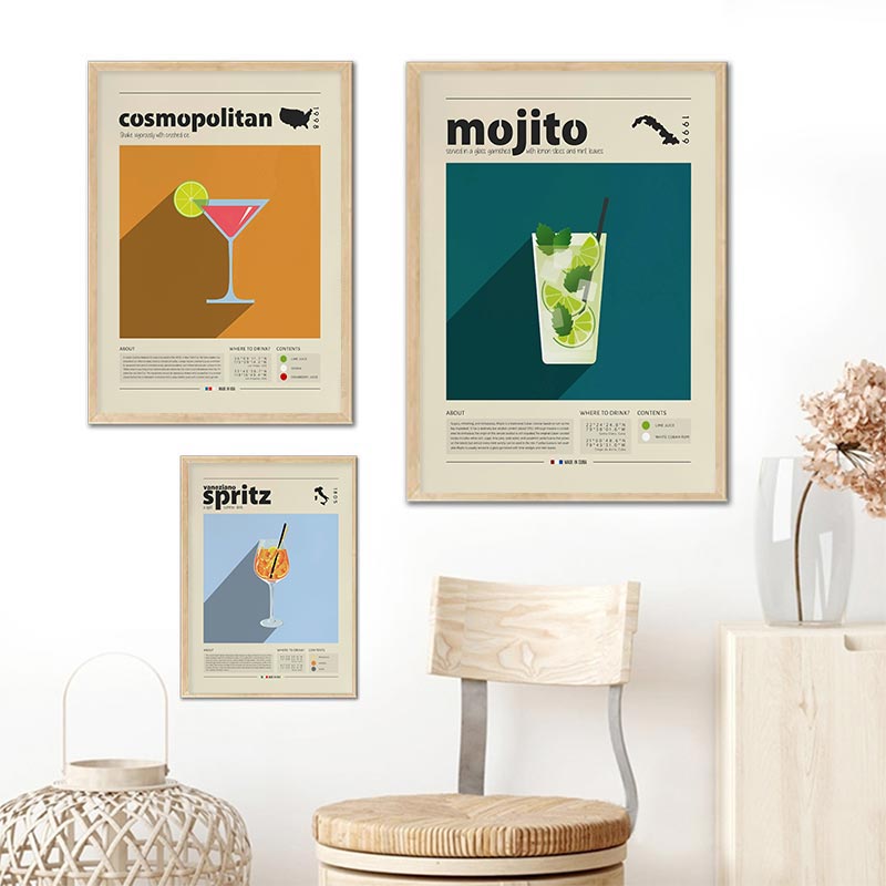 Peinture sur toile avec imprimés de Mojito pour Cocktail, affiche de mariage, marie, mosquée, Gin, Negroni, Mai Tai, murale, rétro, décoration de cuisine, cadeau n° 3