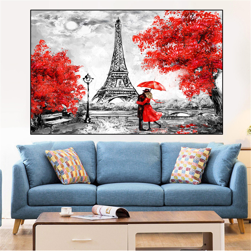 Toile à l'huile avec Couple, France, Paris, tour Eiffel, peinture abstraite de paysage, affiches et imprimés, photos d'art murales, décor de maison, sans cadre n° 2