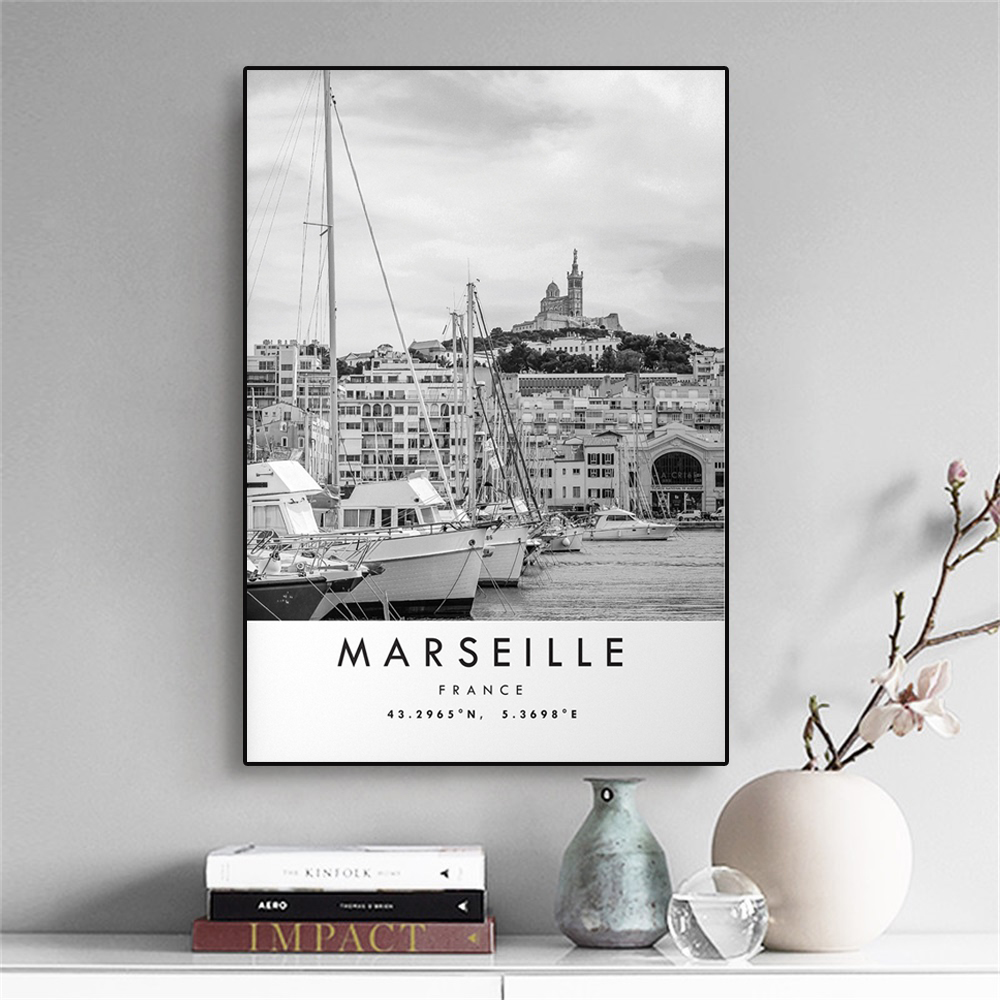 Affiche imprimée sur toile moderne de la ville de Marseille et de la France, peinture en noir et blanc, art mural unique, décoration de maison minimaliste, coordonnées n° 1