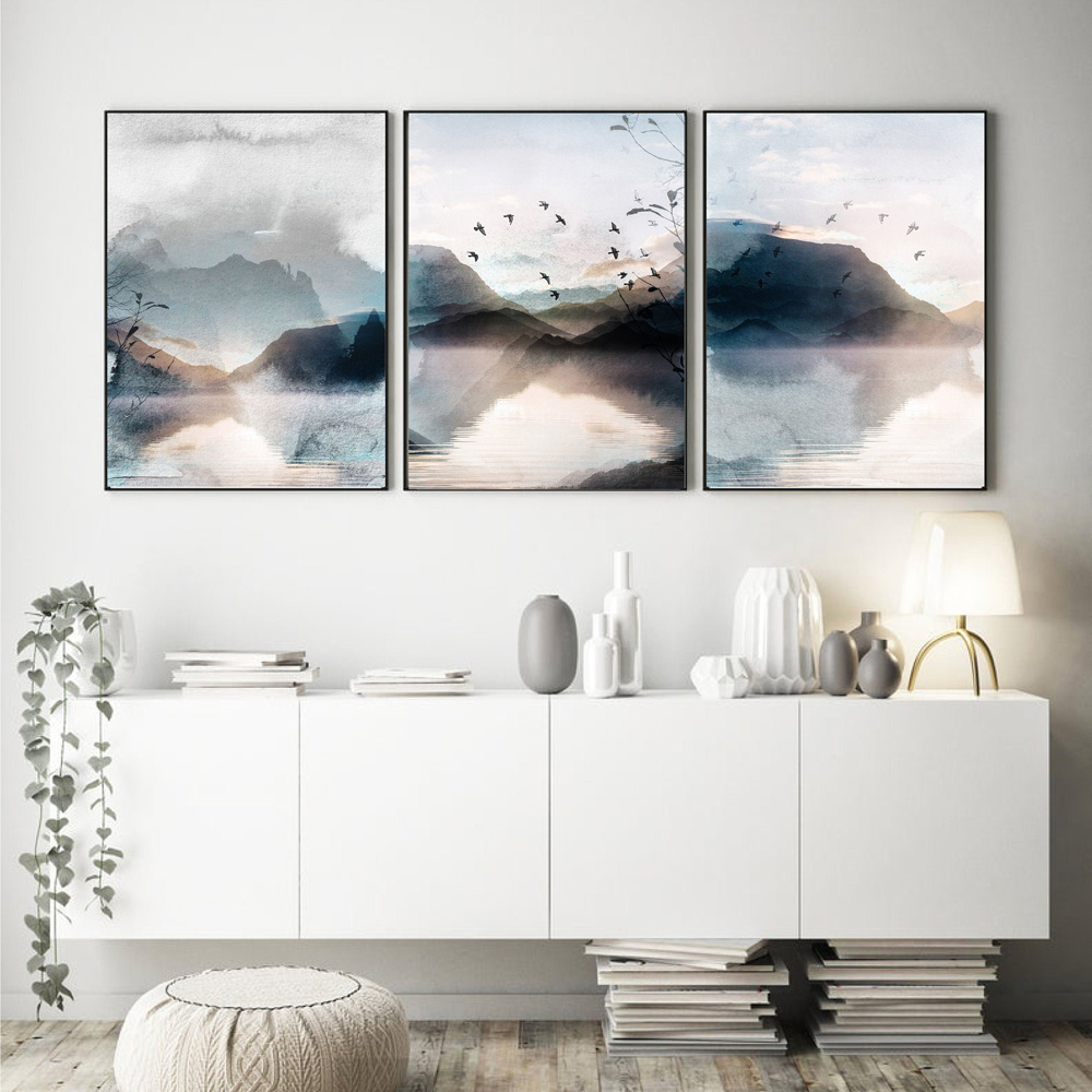 Ensemble de 3 affiches imprimées de paysage abstrait, toile d'art mural, aquarelle, bleu, gris, montagne, image d'oiseaux pour chambre à coucher, décoration d'intérieur n° 4