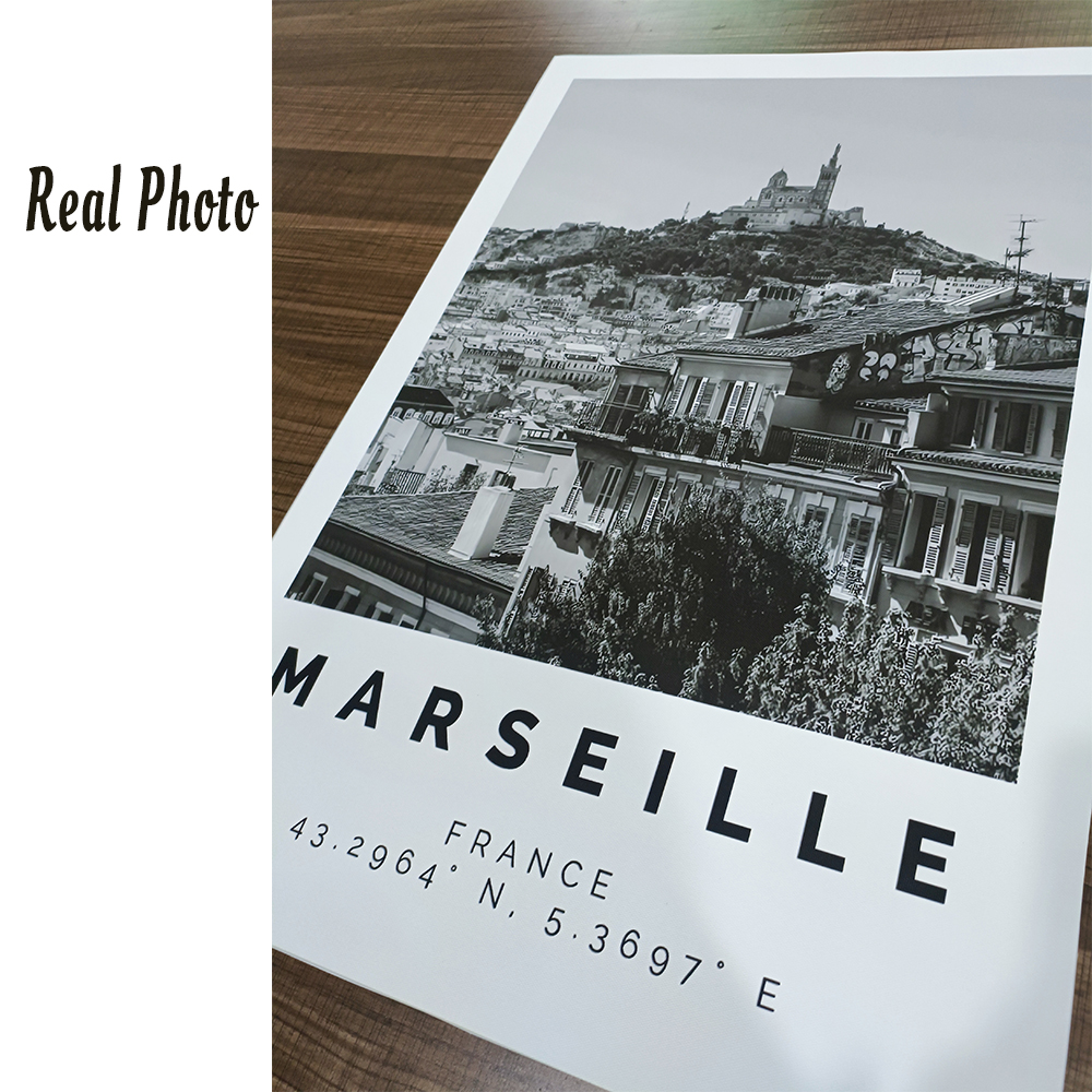 Affiche imprimée sur toile moderne de la ville de Marseille et de la France, peinture en noir et blanc, art mural unique, décoration de maison minimaliste, coordonnées n° 6