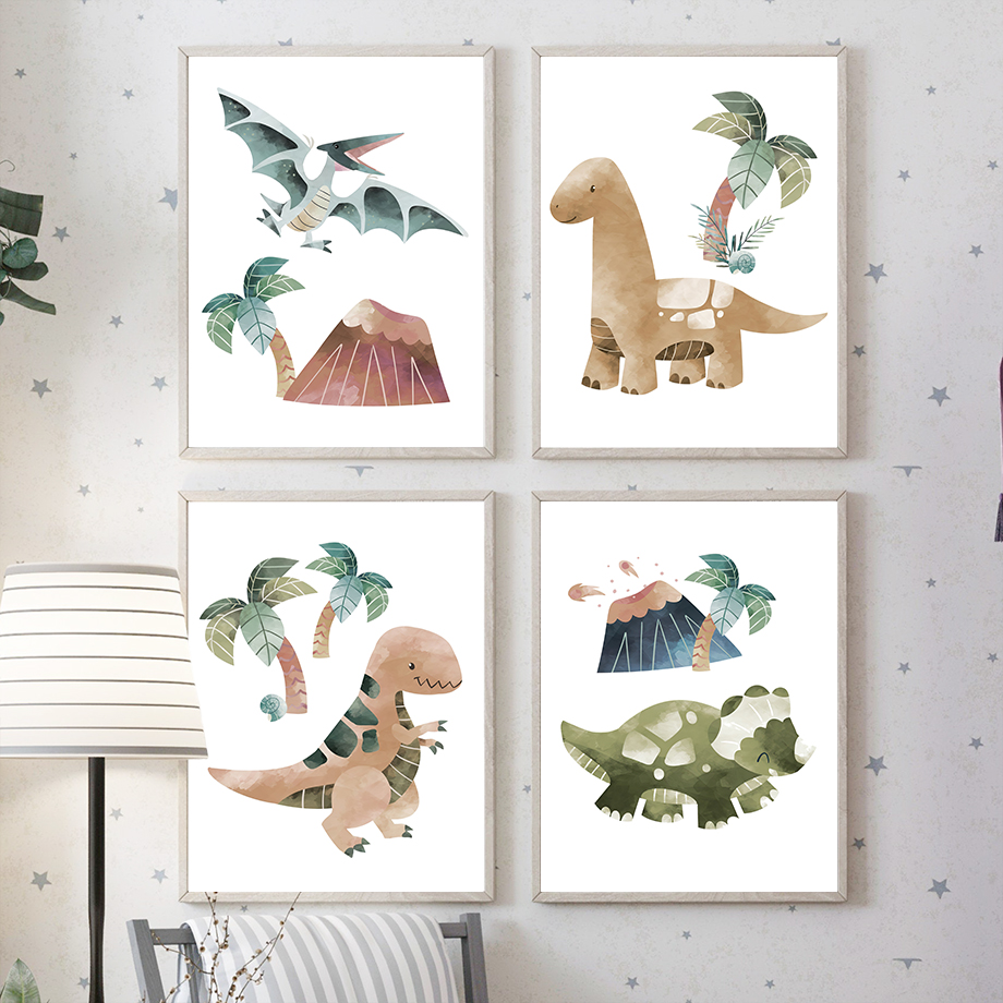 Affiches d'art murales avec citations de cocotiers et dinosaures, aquarelle, peinture sur toile nordique, dessin animé, images, décor de chambre d'enfant n° 2