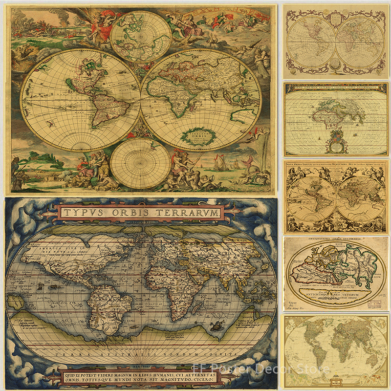 Affiche de carte du monde antique détaillée, impressions vintage, art de la maison et de la chambre, décoration murale, carte nautique du globe, peinture rétro n° 1