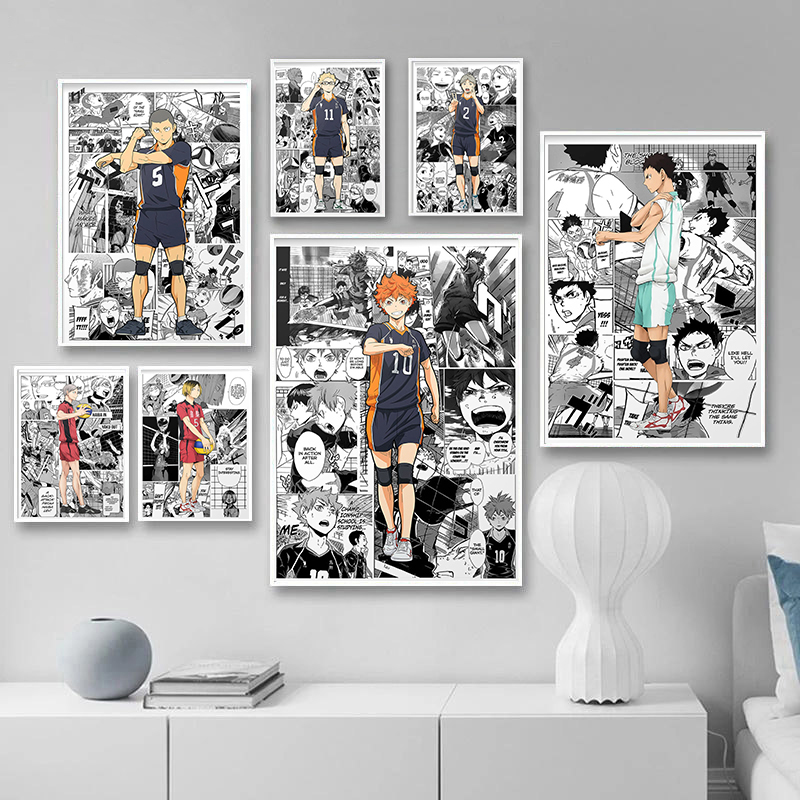 Haikyuu Pop Anime Figure Canvas Painting, Black and White Poster, Wall Art, Kids Kawaii Room Decor, Volleyball Posters Gift, Manga n° 2