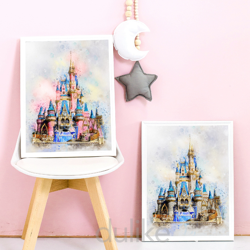 Disney Princess Castle Print Cartoon Poster, Magic Kingdom Art Canvas Painting, Baby Girls Room Wall Decor, Interconnexion n° 5