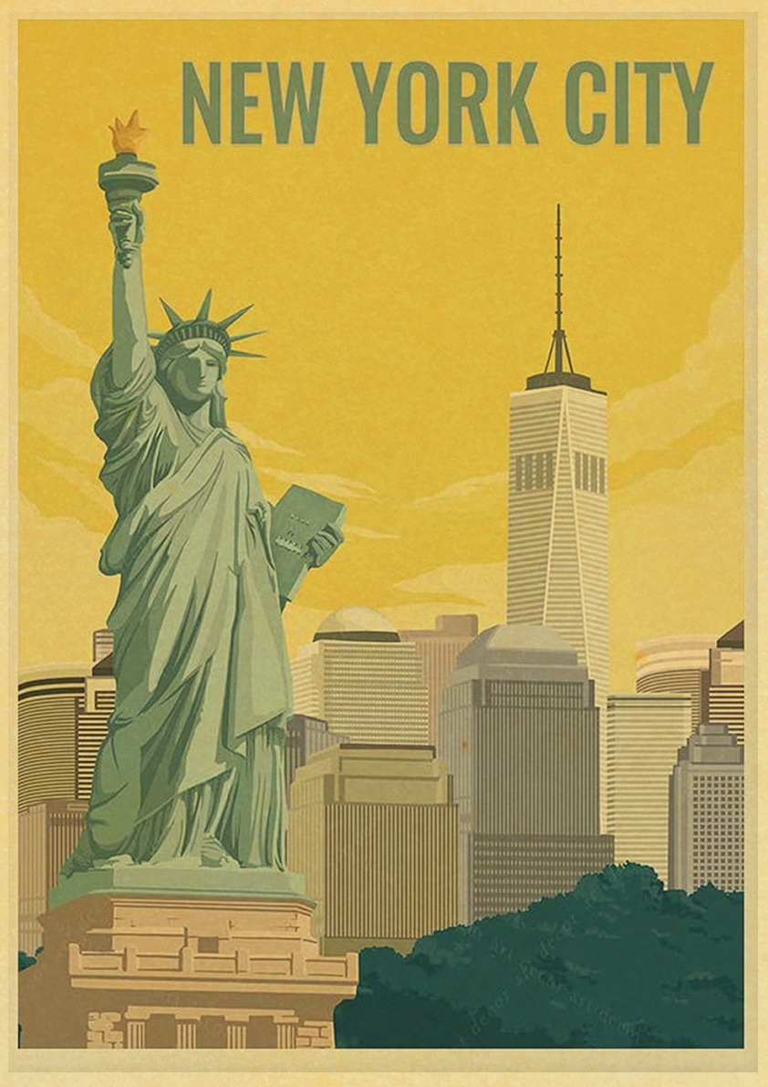 Affiche de Ville Touristique de Dessin Animé, Affiche de New York Minimaliste, Peinture Artistique Rétro en Papier Kraft, Décoration Murale pour la Maison, la Chambre, le Bar n° 4