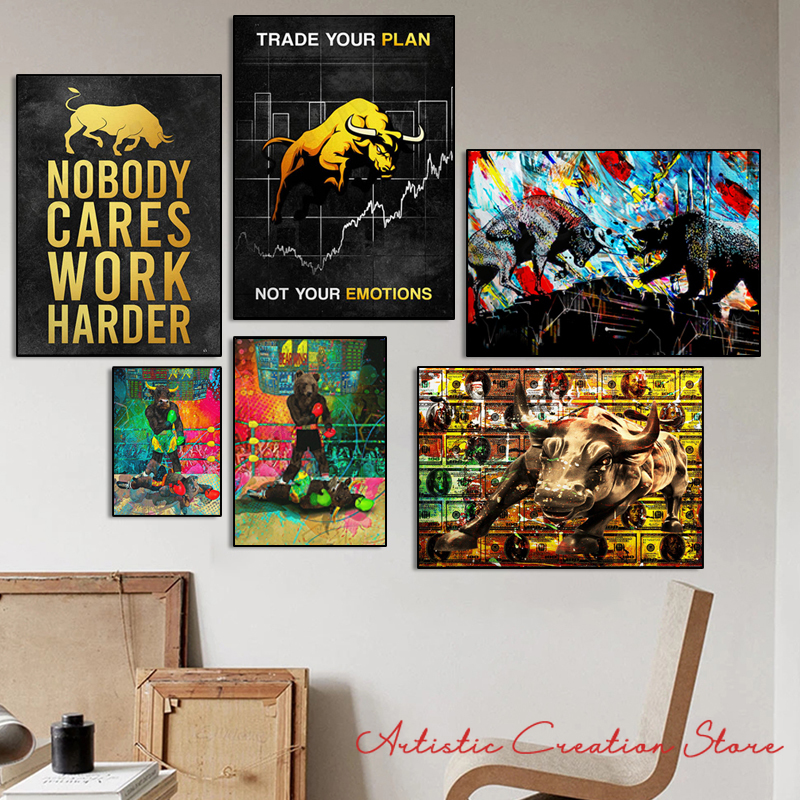 Affiche de peinture sur toile inspirante pour la décoration intérieure, Nobody Cares Work Harder, Stock Trading, Bull Market, Art mural n° 1