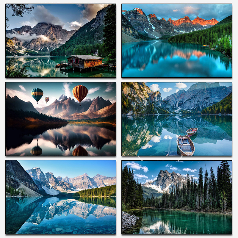 Affiches d'impression de toile de paysage naturel nordique, lac, bateaux, montagne, forêt, cascade, ballons, art mural, peinture, décor n° 1