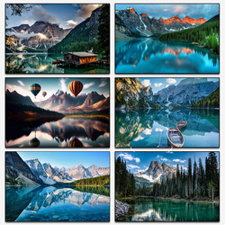 Affiches d'impression de toile de paysage naturel nordique, lac, bateaux, montagne, forêt, cascade, ballons, art mural, peinture, décor small picture n° 1