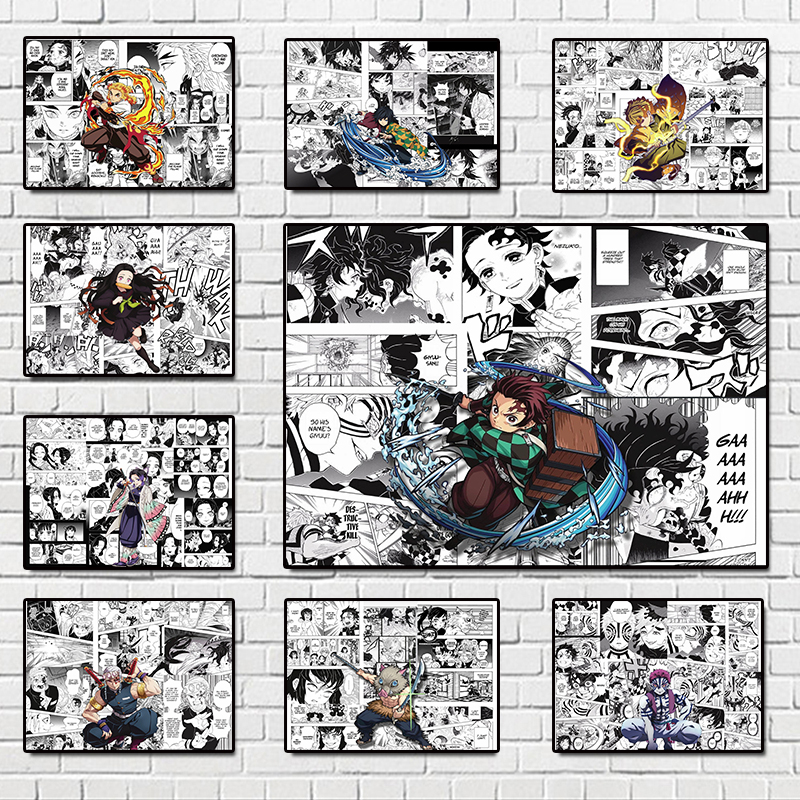 Pop Anime Figure Demon Slayer Poster Set, Comic Movie Cartoon, Black and White Manga Canvas Print, Wall Art, Kids Room Decor, Kawaii n° 1