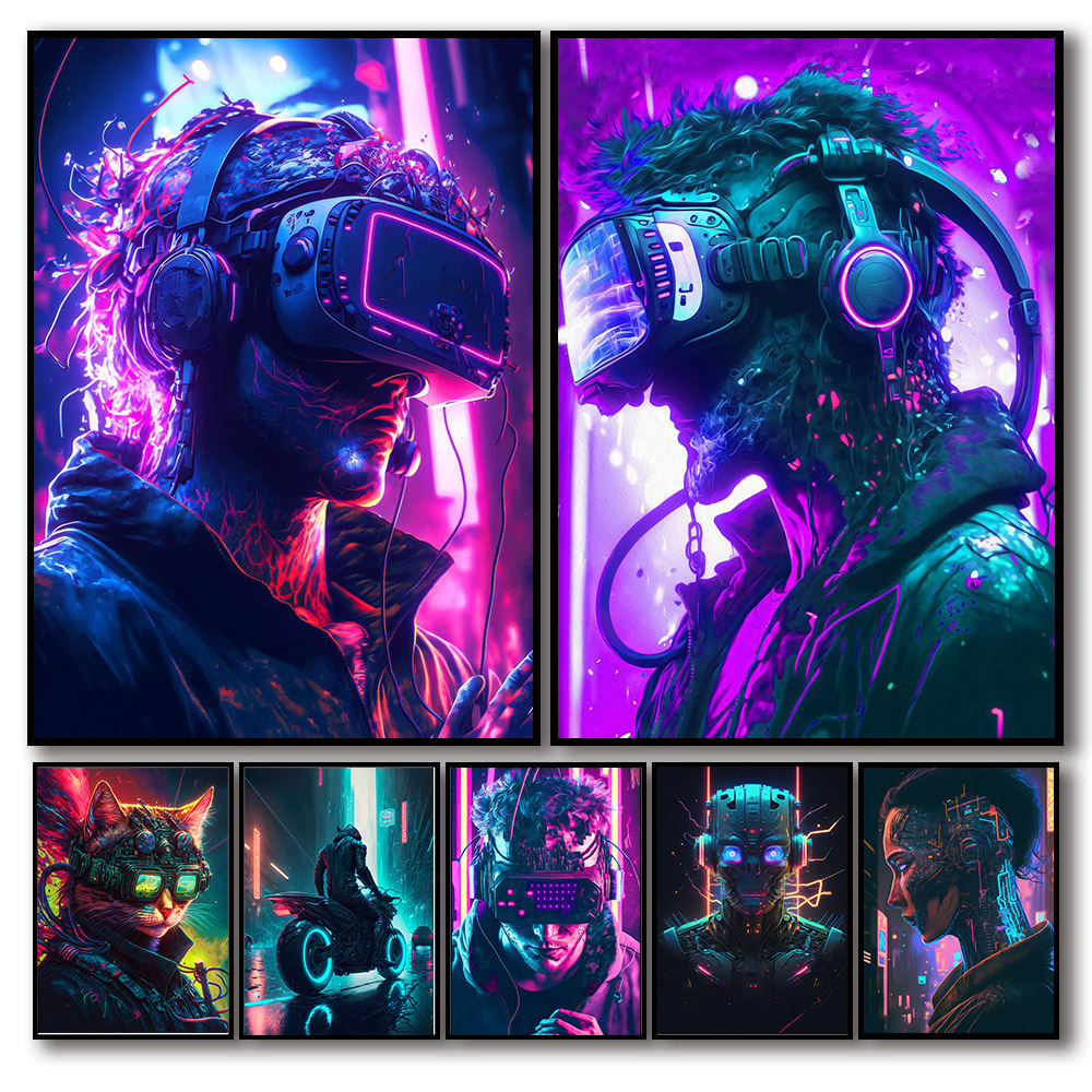 Affiche de jeu vidéo Neon Punk Vr des années 80, impression sur toile esthétique, art mural pour la maison, espace, chat, ville, samouraï, décor de chambre Kawaii Gamer n° 1