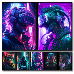 Affiche de jeu vidéo Neon Punk Vr des années 80, impression sur toile esthétique, art mural pour la maison, espace, chat, ville, samouraï, décor de chambre Kawaii Gamer small picture n° 1