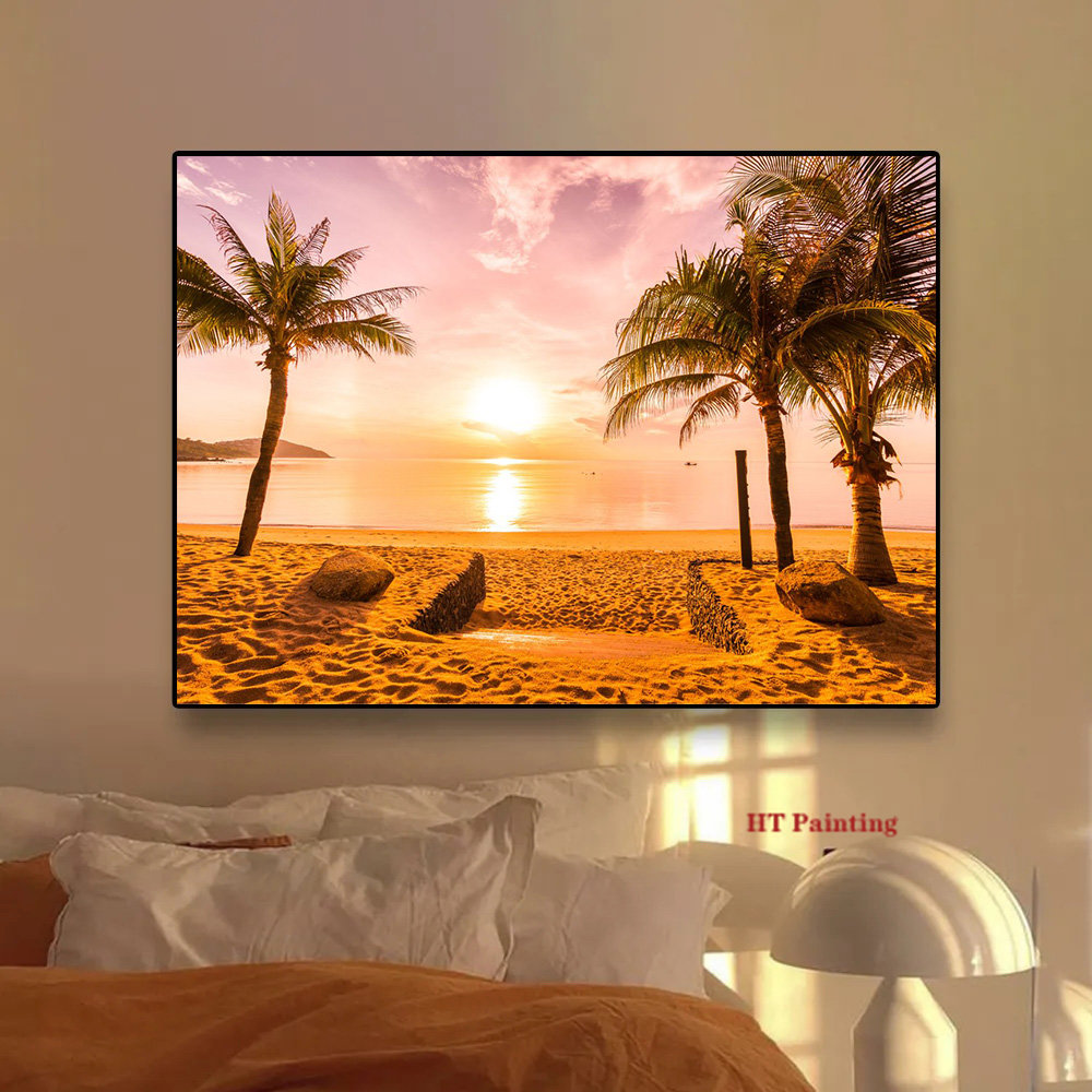 Sunst Beach Landscape Gold Sea Palmier Tropical Poster, Peinture sur toile, Art mural, Gérer la nature, Paysage, Décor de chambre à la maison n° 4