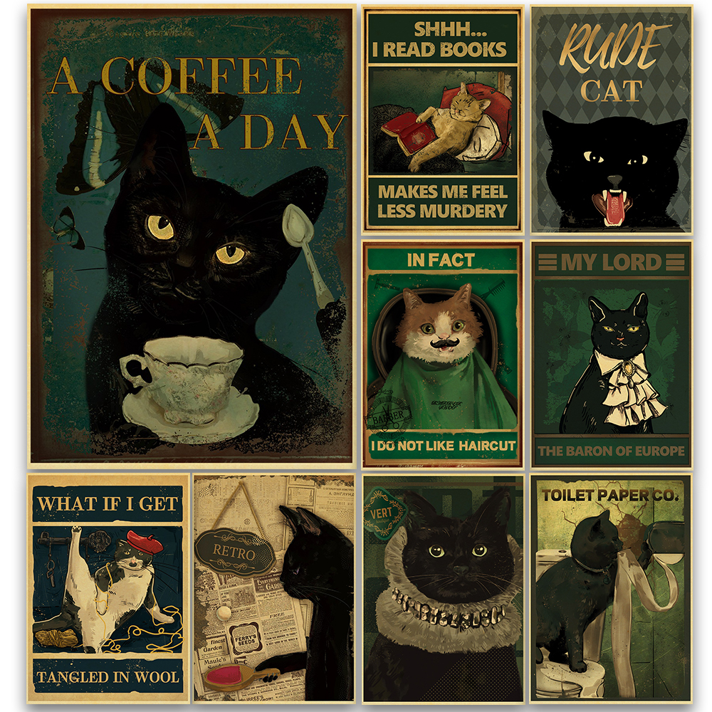 Affiche nostalgique de chat noir en papier kraft, impressions, décor de salon, image de dessin animé, décoration, autocollant mural, peinture de chambre, 2022 arrivées n° 1