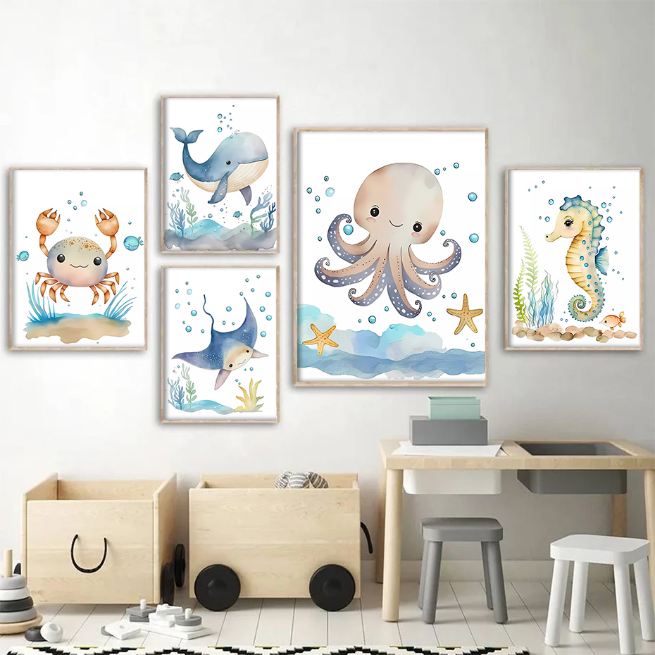 Toile d'Art Mural avec Baleine, Hippocampe et Tortue pour Chambre d'Enfant et Bébé, Affiche Imprimée n° 2