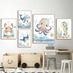 Toile d'Art Mural avec Baleine, Hippocampe et Tortue pour Chambre d'Enfant et Bébé, Affiche Imprimée small picture n° 2