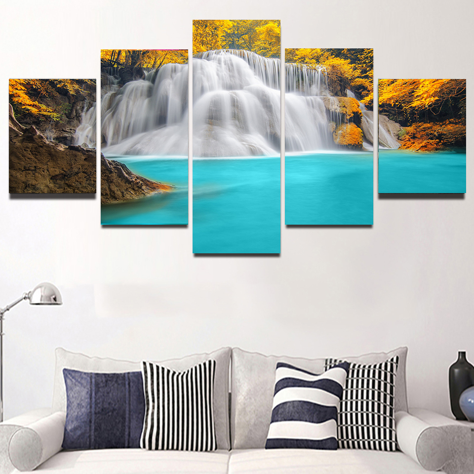 Peinture sur toile de paysage naturel, cascade, arbre vert, lac, cuir chevelu, affiches et impressions, art mural, décoration d'intérieur, sans cadre, 5 pièces n° 5