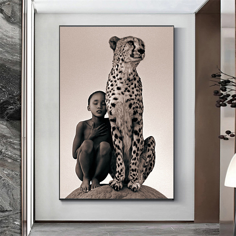 Peinture sur toile avec animaux sauvages africains, garçon et guépard, affiches et impressions modernes, art mural, image pour salon, décoration d'intérieur n° 1