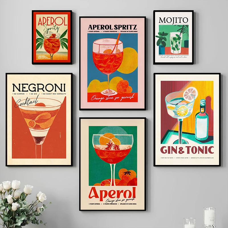 Affiches imprimées de dessin animé pour la décoration de la maison, jus de fruits, Mojito, Aperol, Spritz, Sangria Clics, Negroni, peinture sur toile, club, bar, boutique n° 2