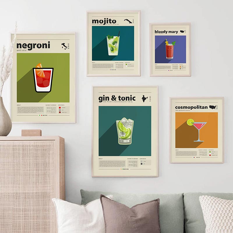 Peinture sur toile avec imprimés de Mojito pour Cocktail, affiche de mariage, marie, mosquée, Gin, Negroni, Mai Tai, murale, rétro, décoration de cuisine, cadeau n° 4