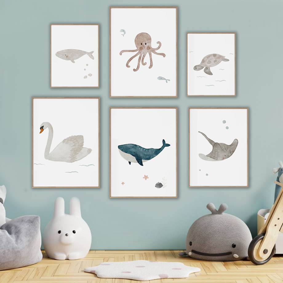 Peinture sur toile personnalisée avec nom, cygnes, poulpe, requin, tortue, dessin animé, Art mural, affiches et imprimés pour enfants, décor de chambre pour bébés et enfants n° 1