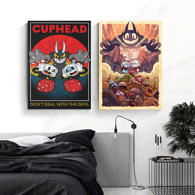 Cuphead-Affiche de jeu vidéo, personnages de dessin animé, peinture sur toile, art mural, décoration pour chambre d'enfant, maison et club n° 3