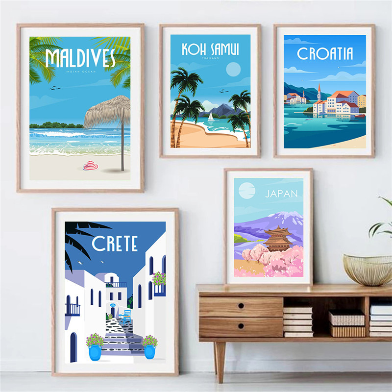 Peinture sur toile de è de Paris, Japon, Portugal, Maldives, Îles Grecques de Santorin, Italie, Affiche, Décor de chambre à la maison, France, Voyage n° 1