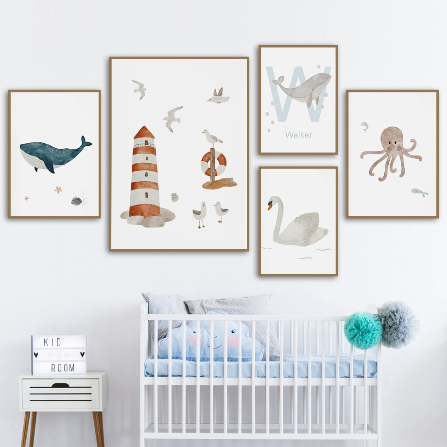 Peinture sur toile personnalisée avec nom, cygnes, poulpe, requin, tortue, dessin animé, Art mural, affiches et imprimés pour enfants, décor de chambre pour bébés et enfants n° 2