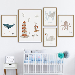 Peinture sur toile personnalisée avec nom, cygnes, poulpe, requin, tortue, dessin animé, Art mural, affiches et imprimés pour enfants, décor de chambre pour bébés et enfants small picture n° 2