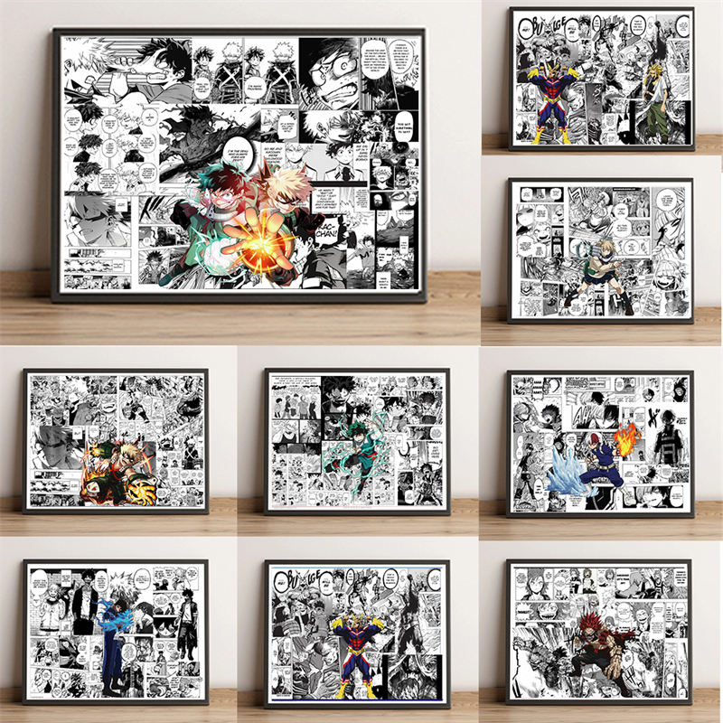 My Hero Academia Anime Figure Poster, Bakugo Tpistolet oki Dine-hawks Cartoon, Black and White Manga Decoration, Canvas Wall Art Decor n° 1