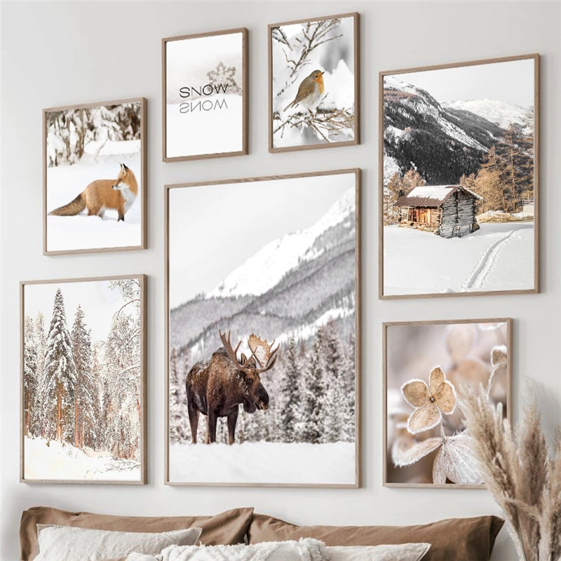 Peinture sur toile de paysage de neige de nature d'hiver, affiche et impressions d'animaux d'oiseau et de loup, art de mur, décoration de Noël, décor à la maison de vacances n° 2