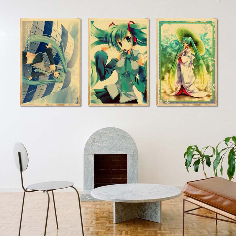 Affiche de chanteur de dessin animé Miku, papier Kraft imprimé HD, images murales rétro, peinture décorative pour chambre à coucher, cadeaux de décoration pour la maison n° 3