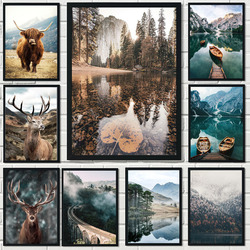 Affiches d'impression de toile de paysage naturel nordique, vache animale, cerf, lac, neige, montagne, forêt, chemin de fer, art mural, peinture, décor small picture n° 1