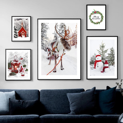 Peinture sur toile de paysage d'hiver pour la décoration intérieure, affiche et impression, art mural, voiture rouge enrichie, maison et arbre, cadeau de Noël small picture n° 3