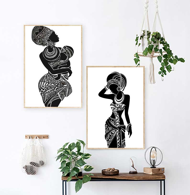 Belle femme africaine avec bébé pour chambre à coucher, art mural, peinture sur toile, image murale en noir et blanc, affiche imprimée, décoration d'intérieur n° 1