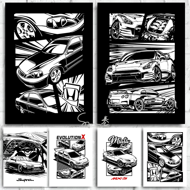 Affiche de toile de manga noir et blanc de voitures de JDM, décoration minimaliste de mur de pièce à la maison, décor d'art de mur de voiture d'horizon, esthétique n° 1