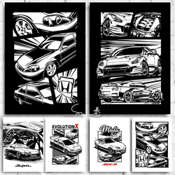 Affiche de toile de manga noir et blanc de voitures de JDM, décoration minimaliste de mur de pièce à la maison, décor d'art de mur de voiture d'horizon, esthétique small picture n° 1