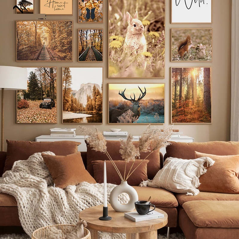 Peinture moderne sur toile, animaux de la forêt, cerf, lapin, lac, montagne, affiche, paysage, feuilles de fer, image, décoration de la maison et du salon n° 1