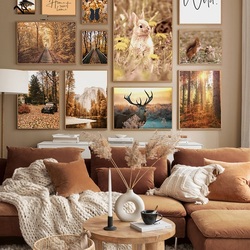 Peinture moderne sur toile, animaux de la forêt, cerf, lapin, lac, montagne, affiche, paysage, feuilles de fer, image, décoration de la maison et du salon