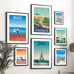 Peinture sur toile colorée de paysage de ville de voyage, illustration de France, Nice, Paris, Monaco, Nantes, affiche d'art nordique, décor de mur, sans cadre small picture n° 1