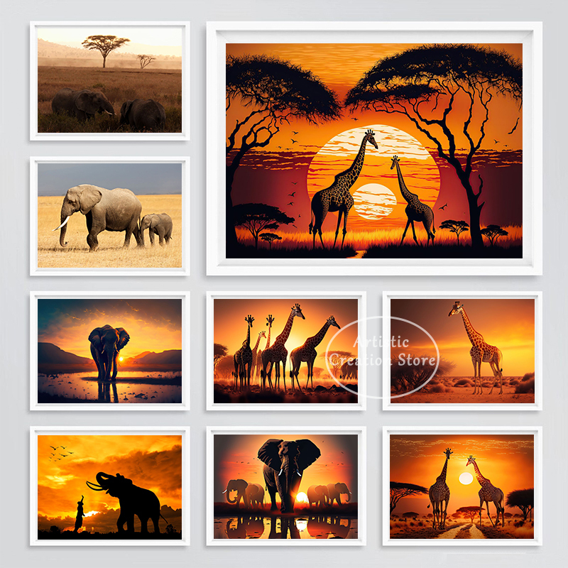 Affiches de paysages de prairie africaine du Kenya, impressions sur toile, art mural, éléphant, girafe, animaux, décoration d'intérieur, salon n° 1