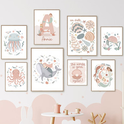 Affiches personnalisées de nom de bébé d'animaux de mer de bande dessinée, peinture de toile de pépinière, art de mur, impression d'image, décor de chambre d'enfants et de filles, baleine, sirène small picture n° 1