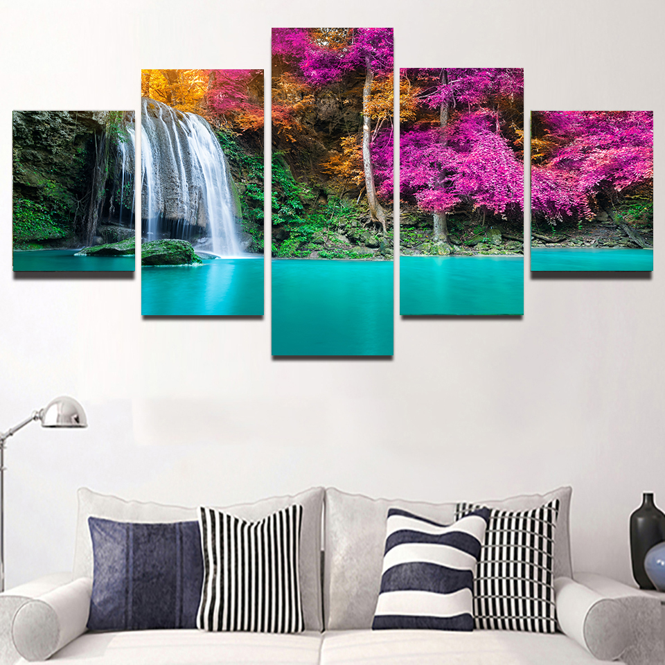 Peinture sur toile de paysage naturel, cascade, arbre vert, lac, cuir chevelu, affiches et impressions, art mural, décoration d'intérieur, sans cadre, 5 pièces n° 4