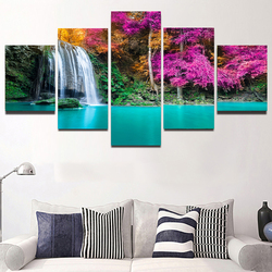 Peinture sur toile de paysage naturel, cascade, arbre vert, lac, cuir chevelu, affiches et impressions, art mural, décoration d'intérieur, sans cadre, 5 pièces small picture n° 4