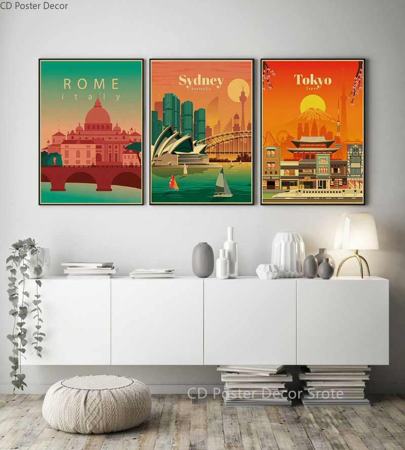 Affiche de Voyage des Villes du Monde, Rome, Sydney, Paris, Dubaï, Imprimés Rétro, Architecture de Repère, Vintage, Chambre, Art de la Maison, Décoration Murale, Peinture n° 3